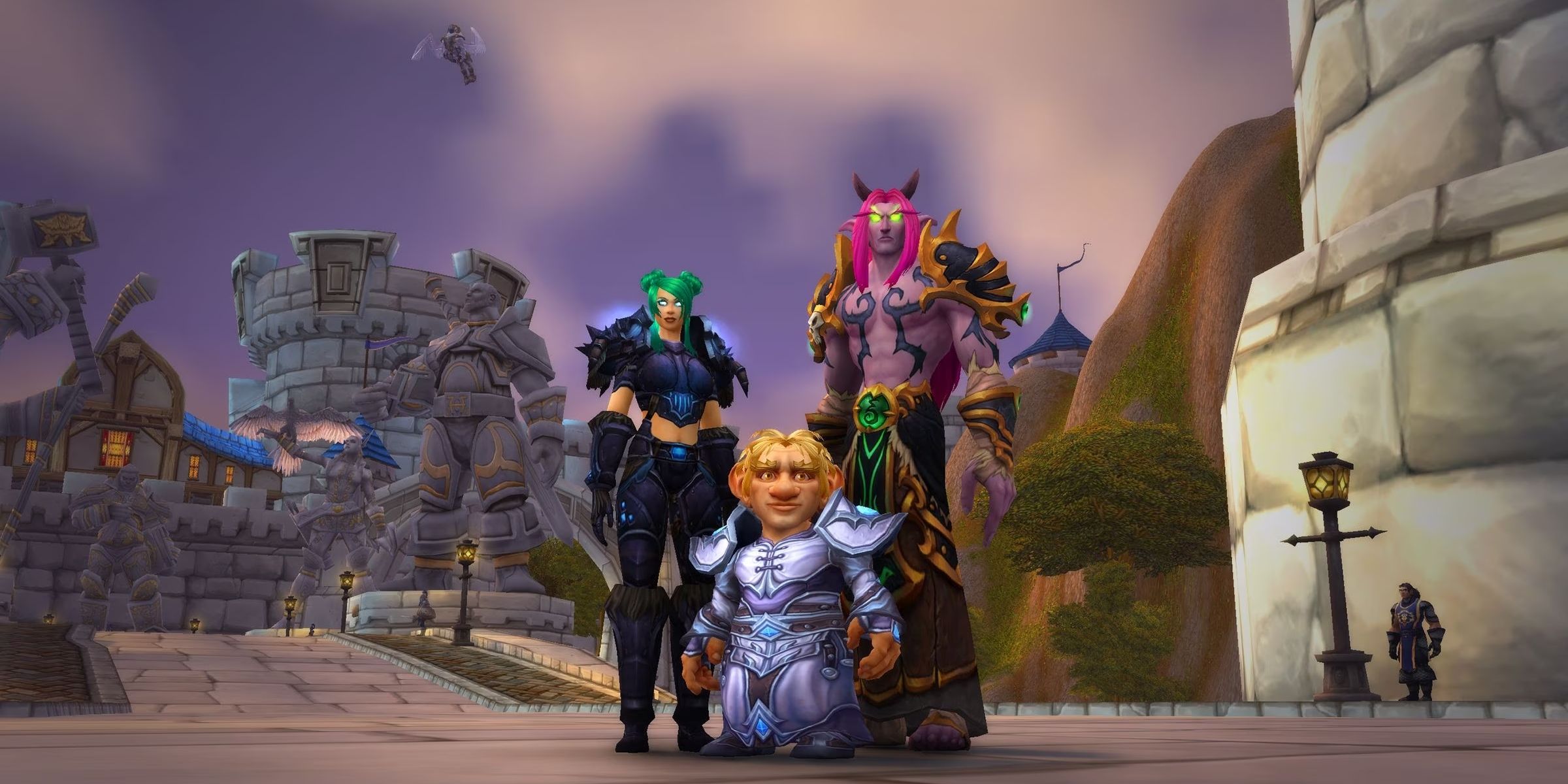 a human gnome and night elf in stormwind from wow