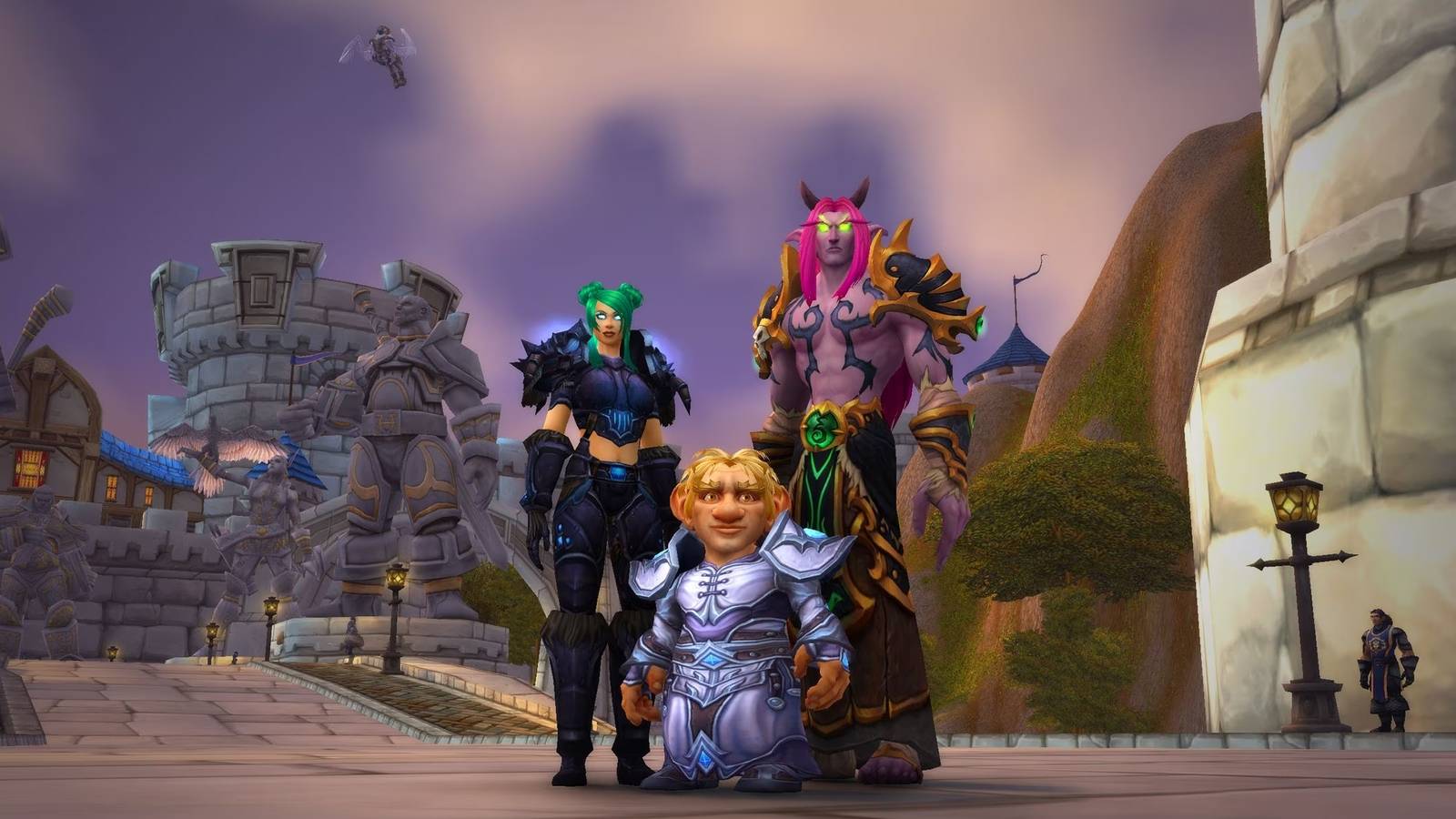 a human gnome and night elf in stormwind from wow