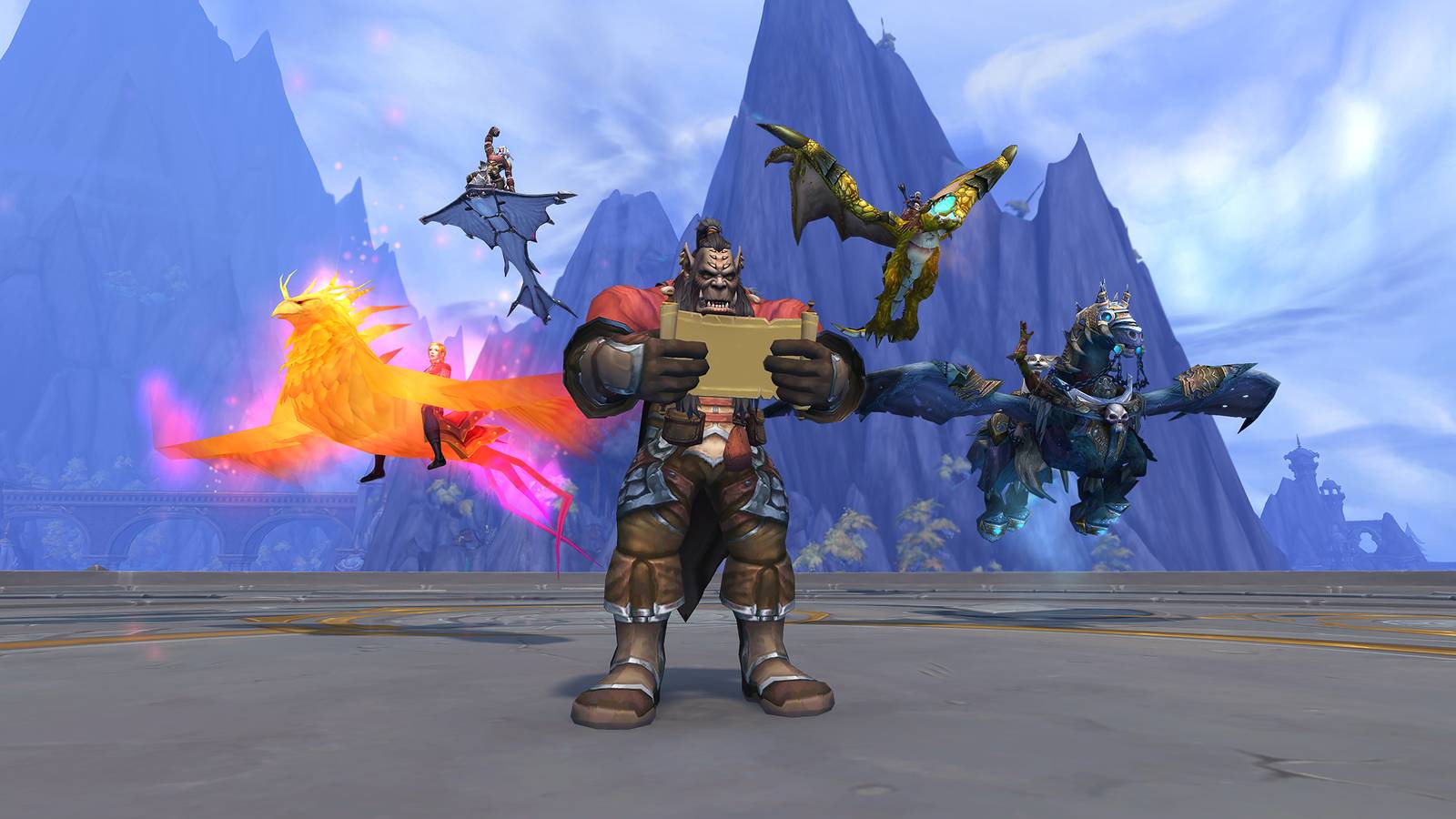 an orc with skyriding mounts around him from wow