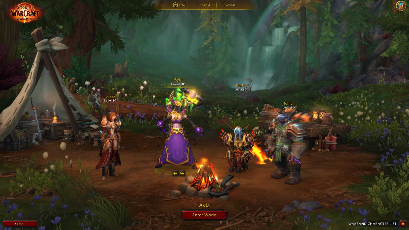 world of warcraft the war within warbands character select screen campfire