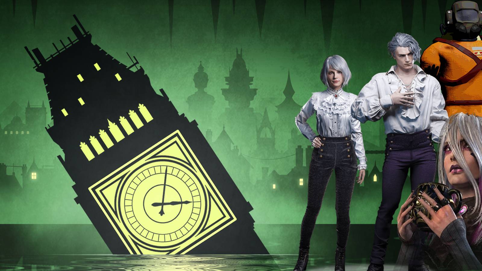 X Horror Games With The Best Character Customization Fallen London skyline with Lethal Company employee, Leon and Ashley, and Sable Ward