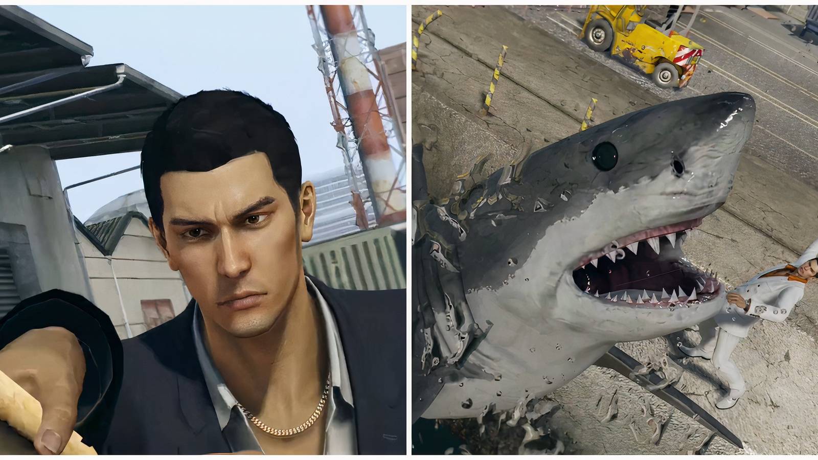 Split image of Kiryu fishing and catching a Great White in Yakuza 0