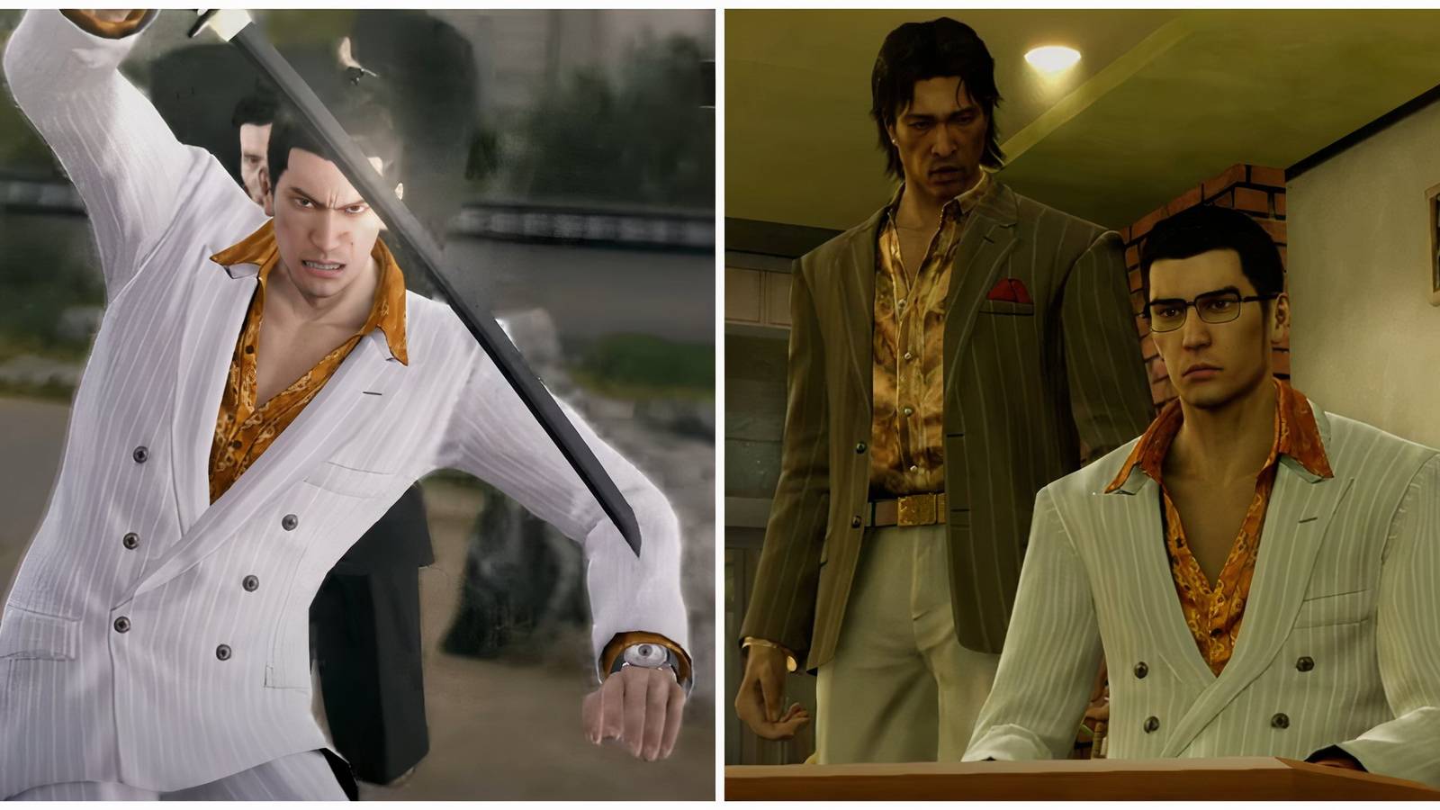 Split image of Kiryu in battle and Kiryu with Oda at a meeting in Yakuza 0