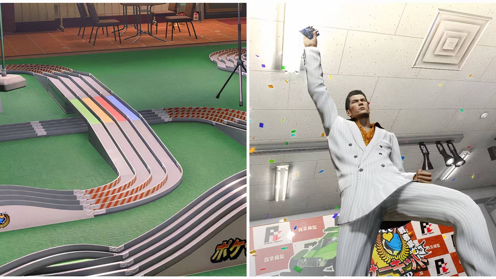 Split image of a Pocket Circuit race and Kiryu after winning in Yakuza 0