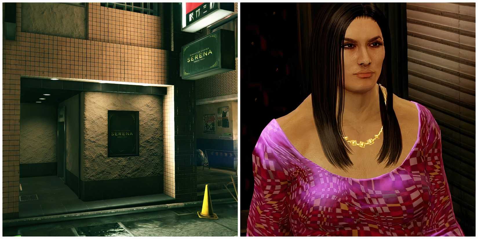Split image of Serena and the Pleasure King in Yakuza 0