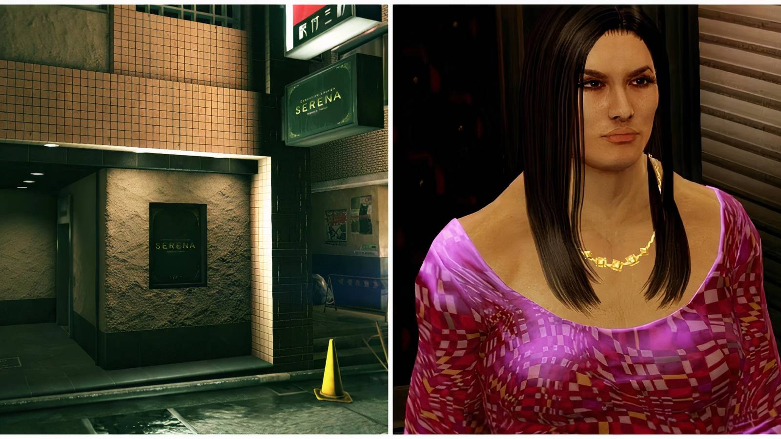 Split image of Serena and the Pleasure King in Yakuza 0