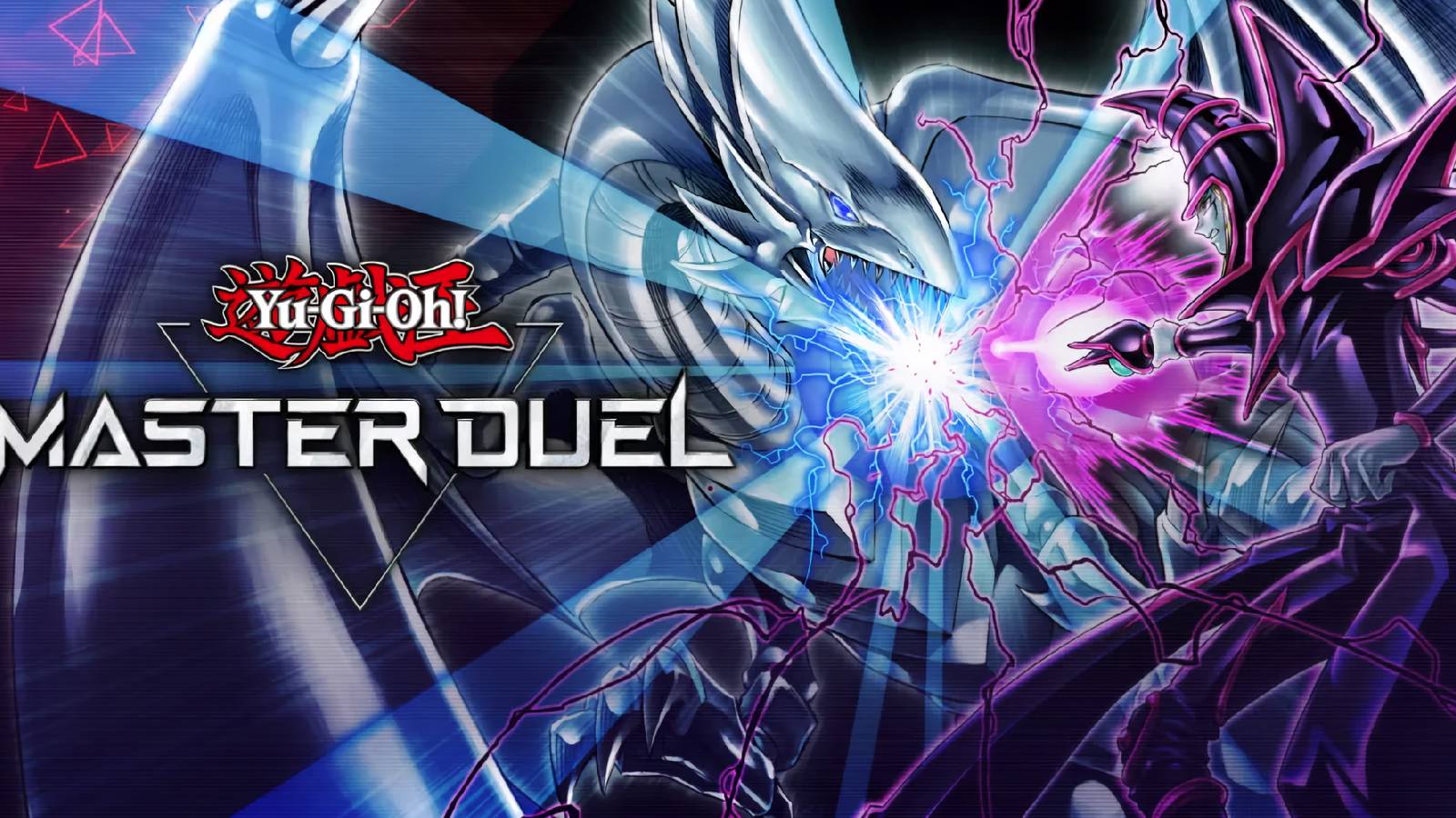 A key visual for Yu-Gi-Oh Master Duel showing Blue-Eyes White Dragon and Dark Magician.