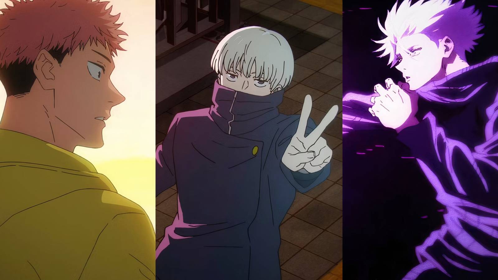 Yuji Itadori, Toge Inumaki in Shibuya, and Satoru Gojo using his jujutsu in Jujutsu Kaisen