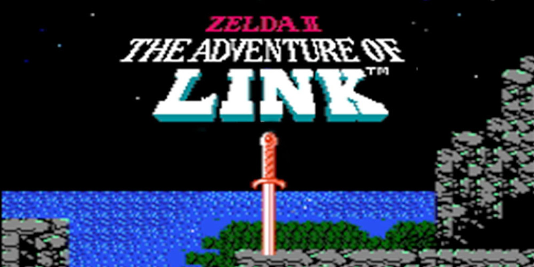 A screenshot of the title screen from Zelda II: The Adventure of Link. Reads: Zelda II: The Adventure of Link(TM).