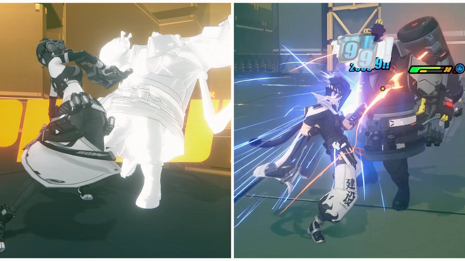 Split image of a wipeout and a Perfect Assist in Zenless Zone Zero