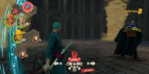 Zoro, Luffy, Nami and Usopp select their moves while fighting Sir Crocodile.