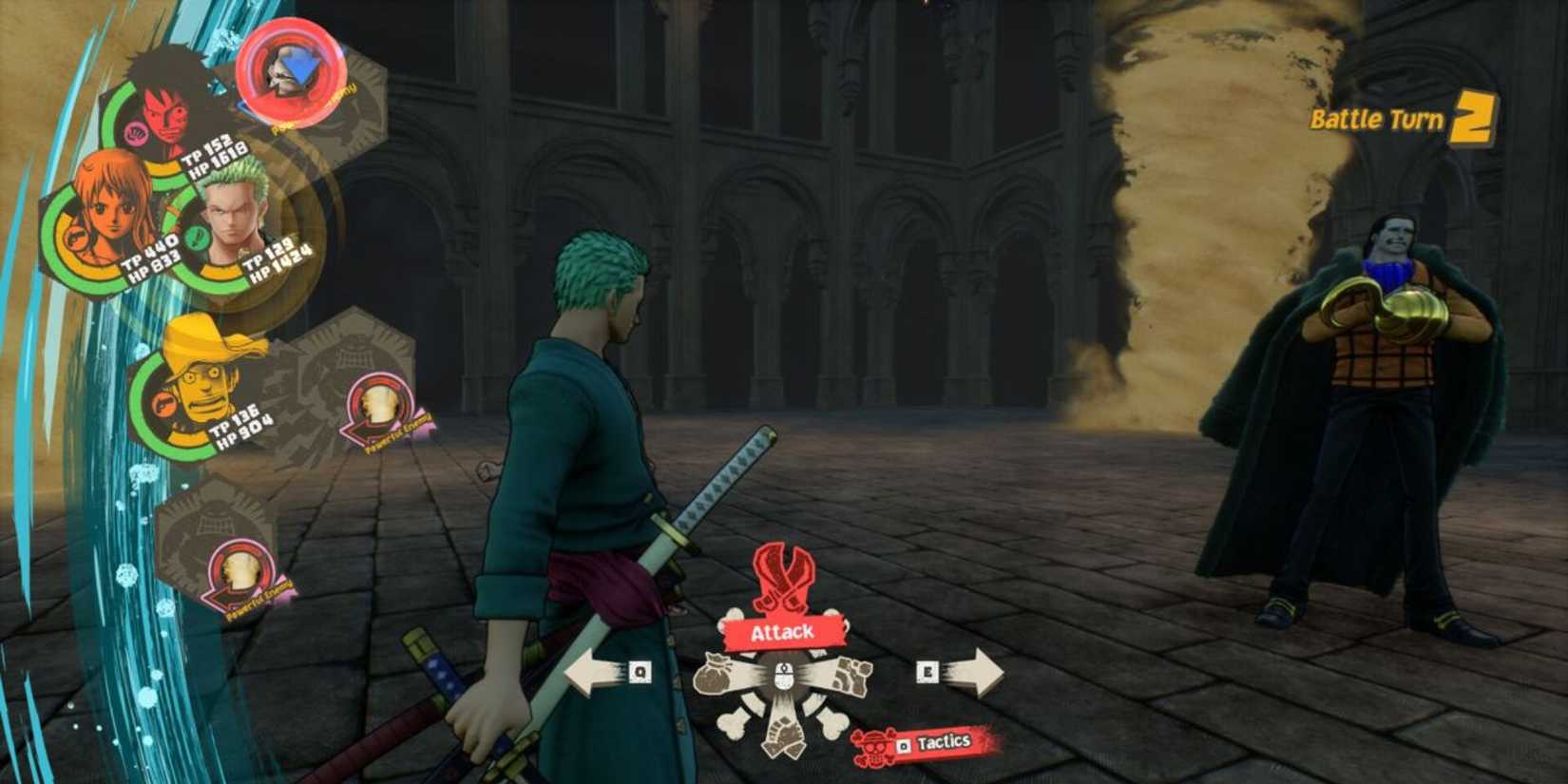 Zoro, Luffy, Nami and Usopp select their moves while fighting Sir Crocodile.