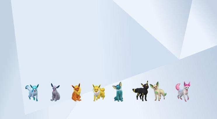 An image of the Eeveelutions from Pokémon recreated in The Sims 4