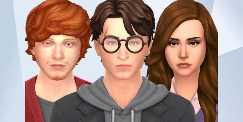 An image of Harry Potter, Ron Weasley and Hermione Granger from Harry Potter recreated in The Sims 4