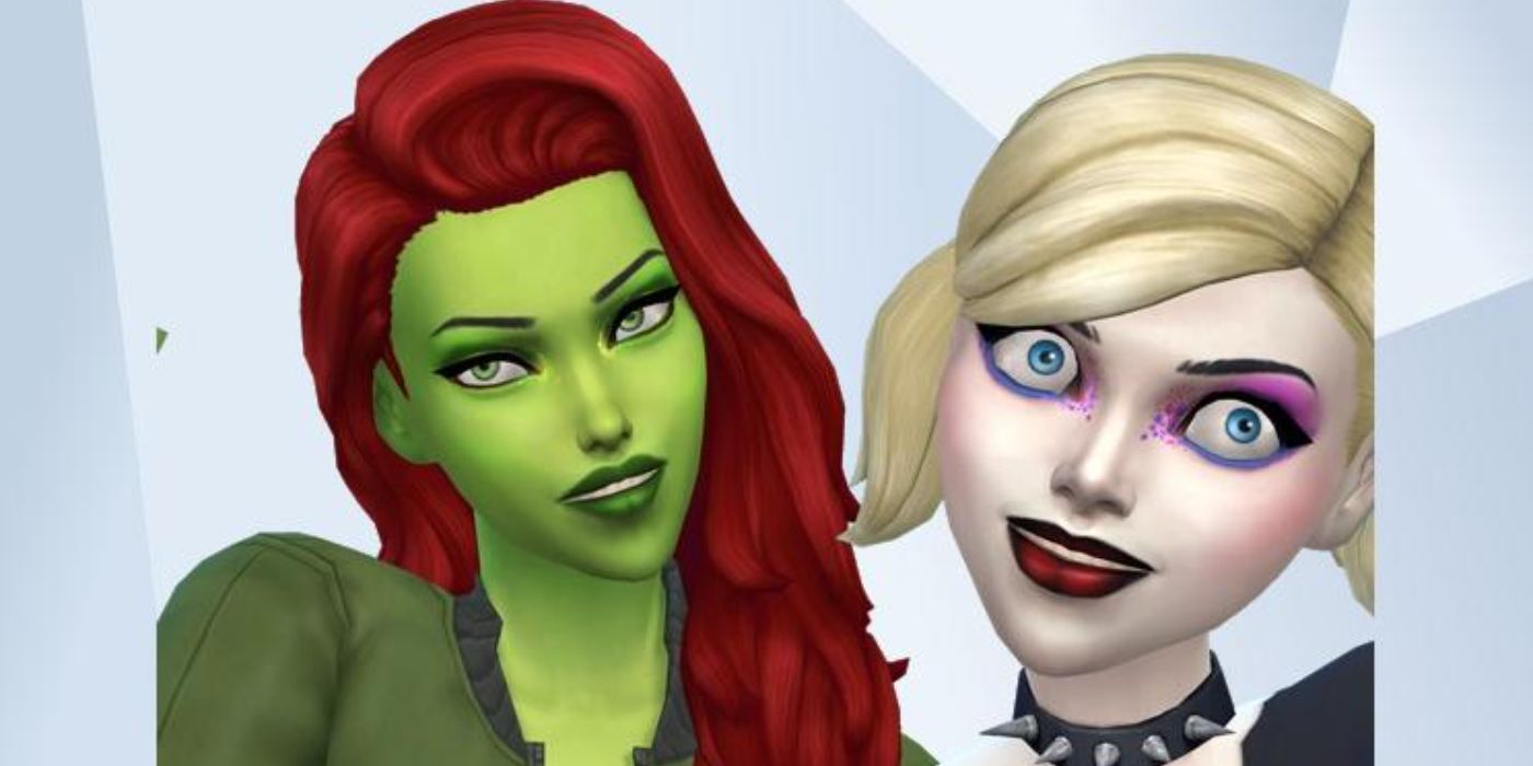 An image of Harley Quinn and Poison Ivy from DC, recreated in The Sims 4 