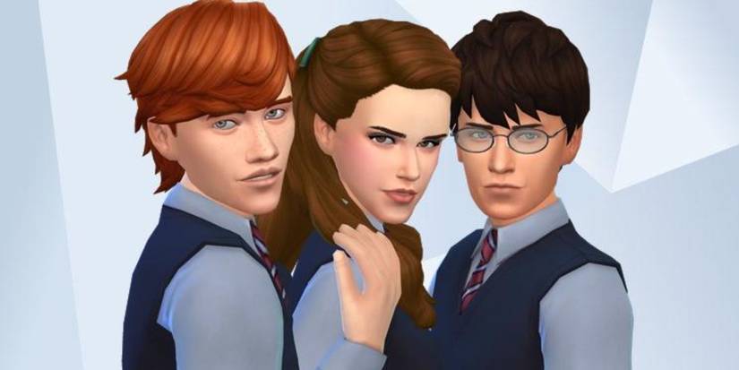 An image of Harry Potter, Ron Weasley and Hermione Granger from Harry Potter recreated in The Sims 4