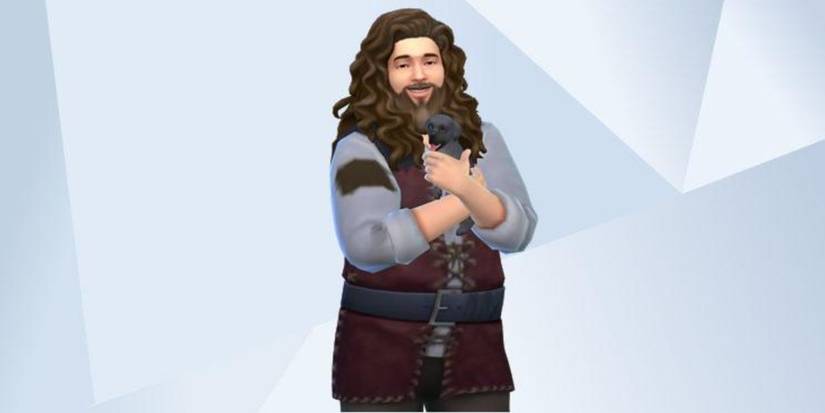 An image of Rubeus Hagrid and Fang the Bloodhound from Harry Potter recreated in The Sims 4