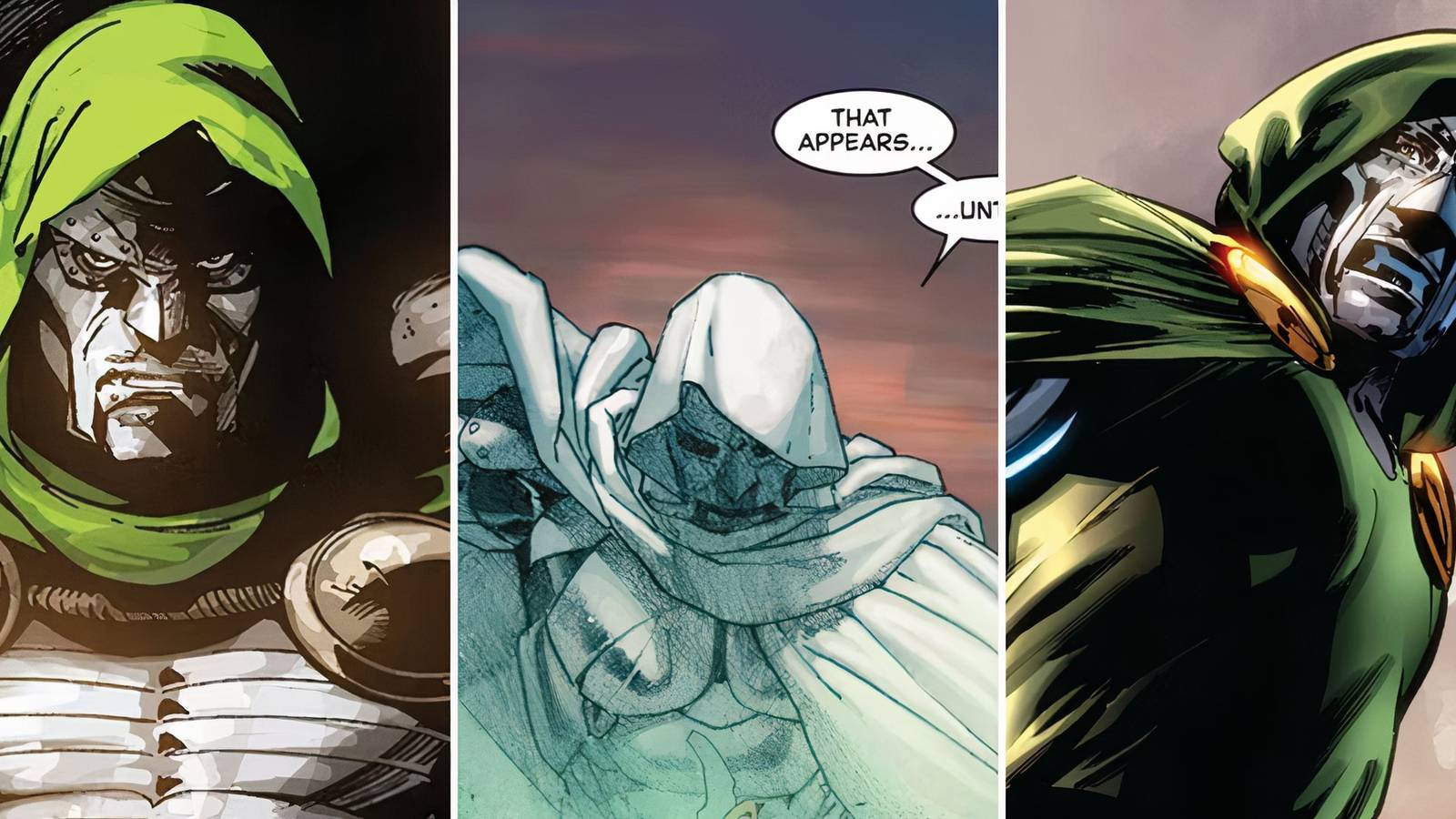 A picture of Different Versions Of Dr Doom
