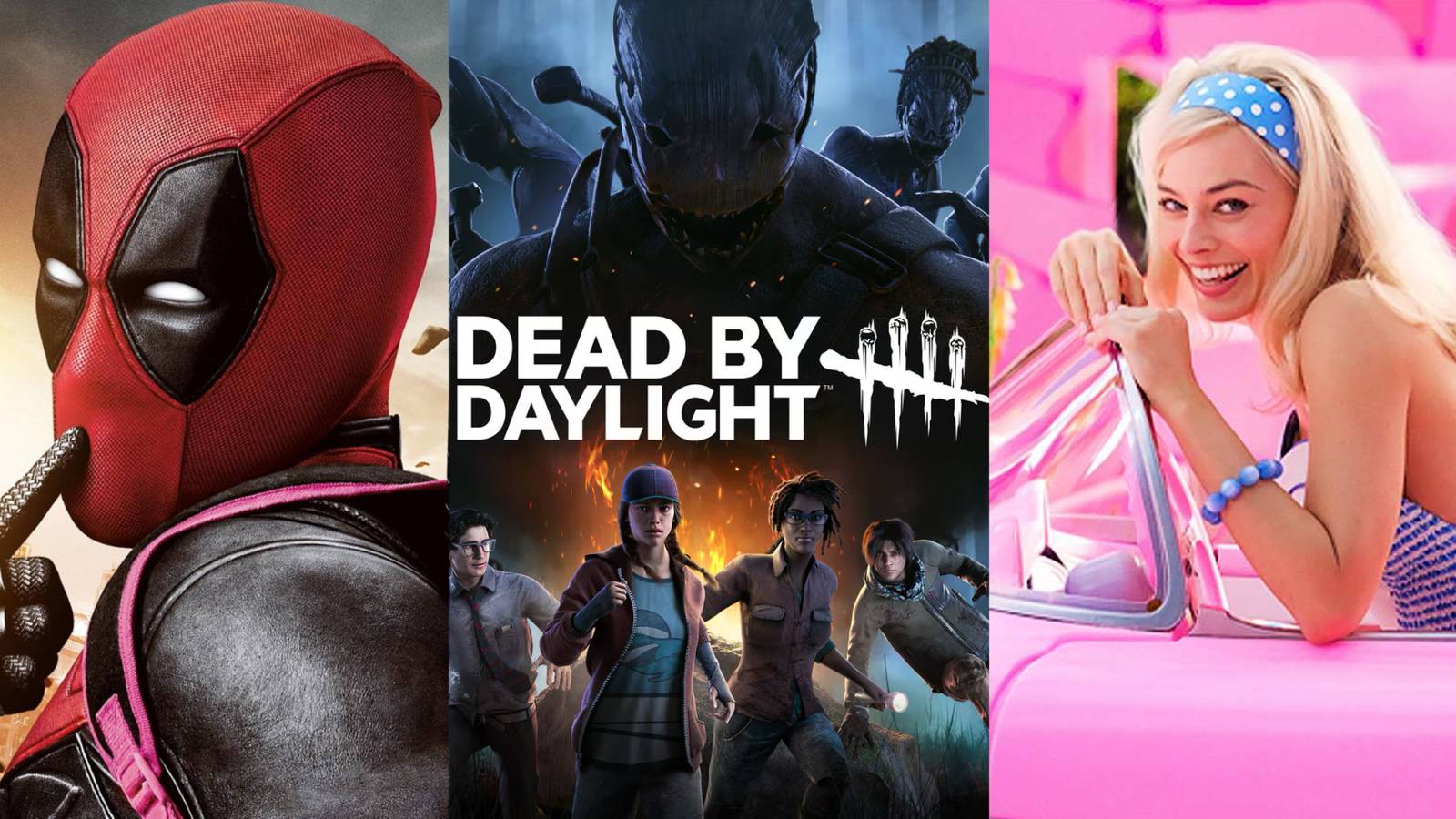 Dead By Daylight logo with a cheeky Deadpool to the left and a giggling Barbie to the right