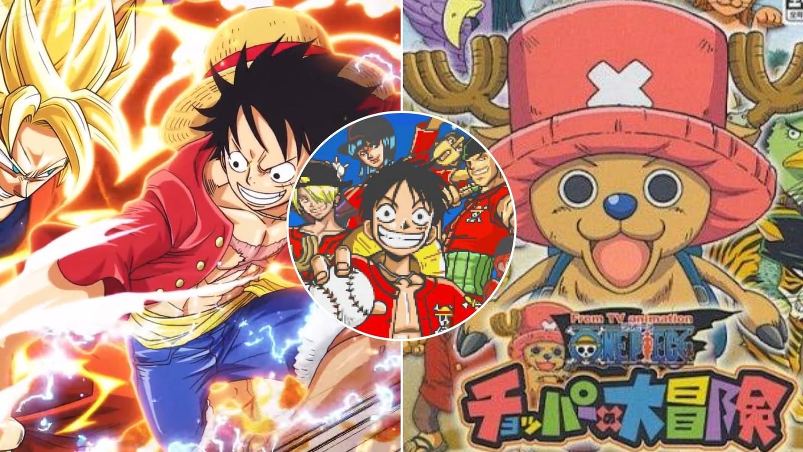 A collage of 3 rare One Piece games that never released in North America: Great Pirate Colosseum, Going Baseball and Chopper's Big Adventure.