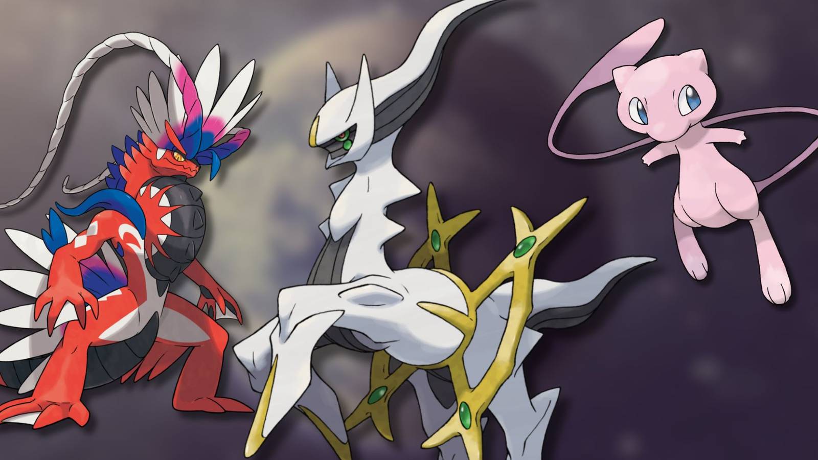 A collage of some of the strongest ancient Pokemon in the series: Koraidon, Arceus and Mew.