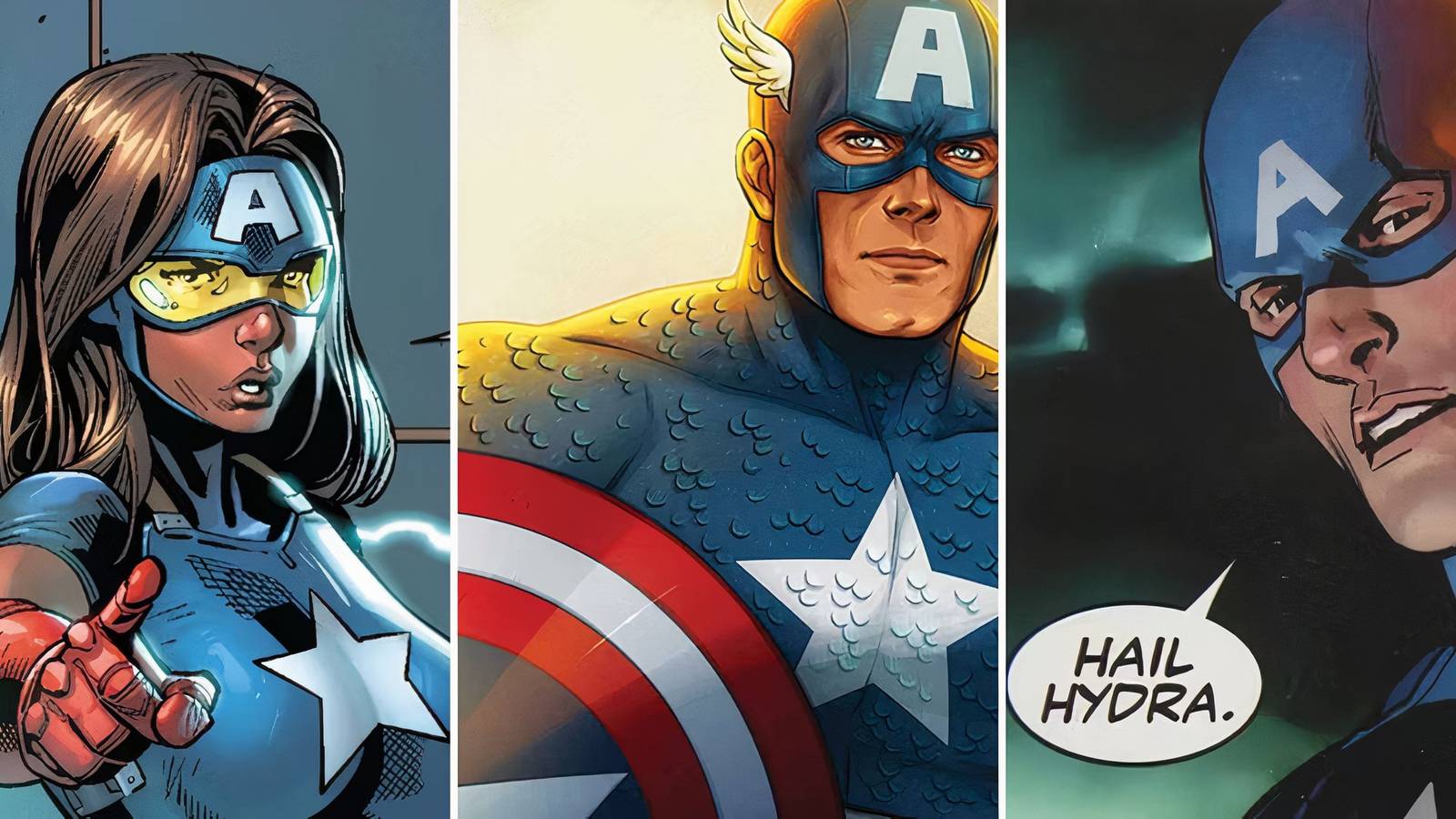 A split image of Danielle Cage, Steve Rogers 616, and Secret Empire Captain America