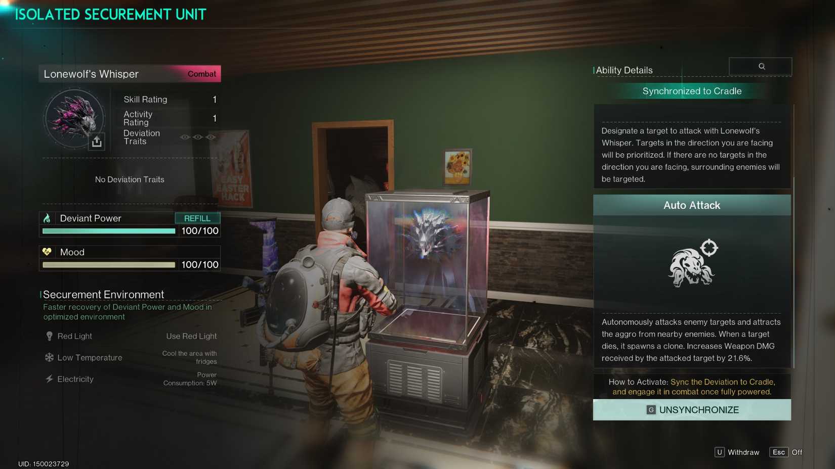 Lonewolf's Whisper in a securement unit in Once Human