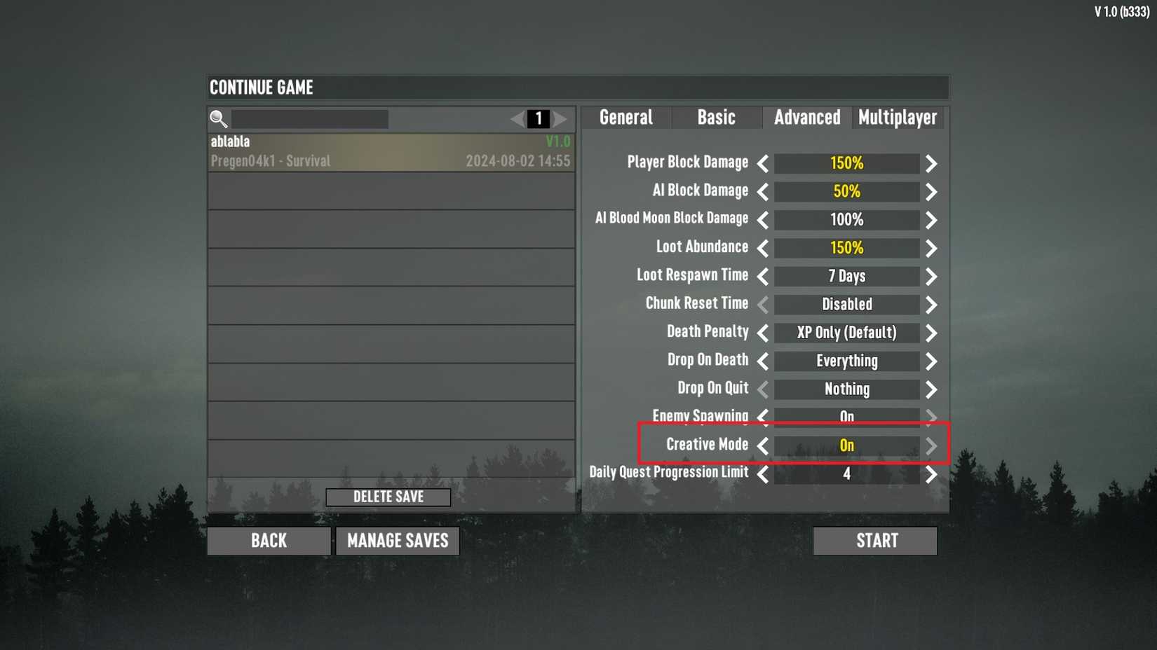 Creative Mode toggle button for 7 Days To Die