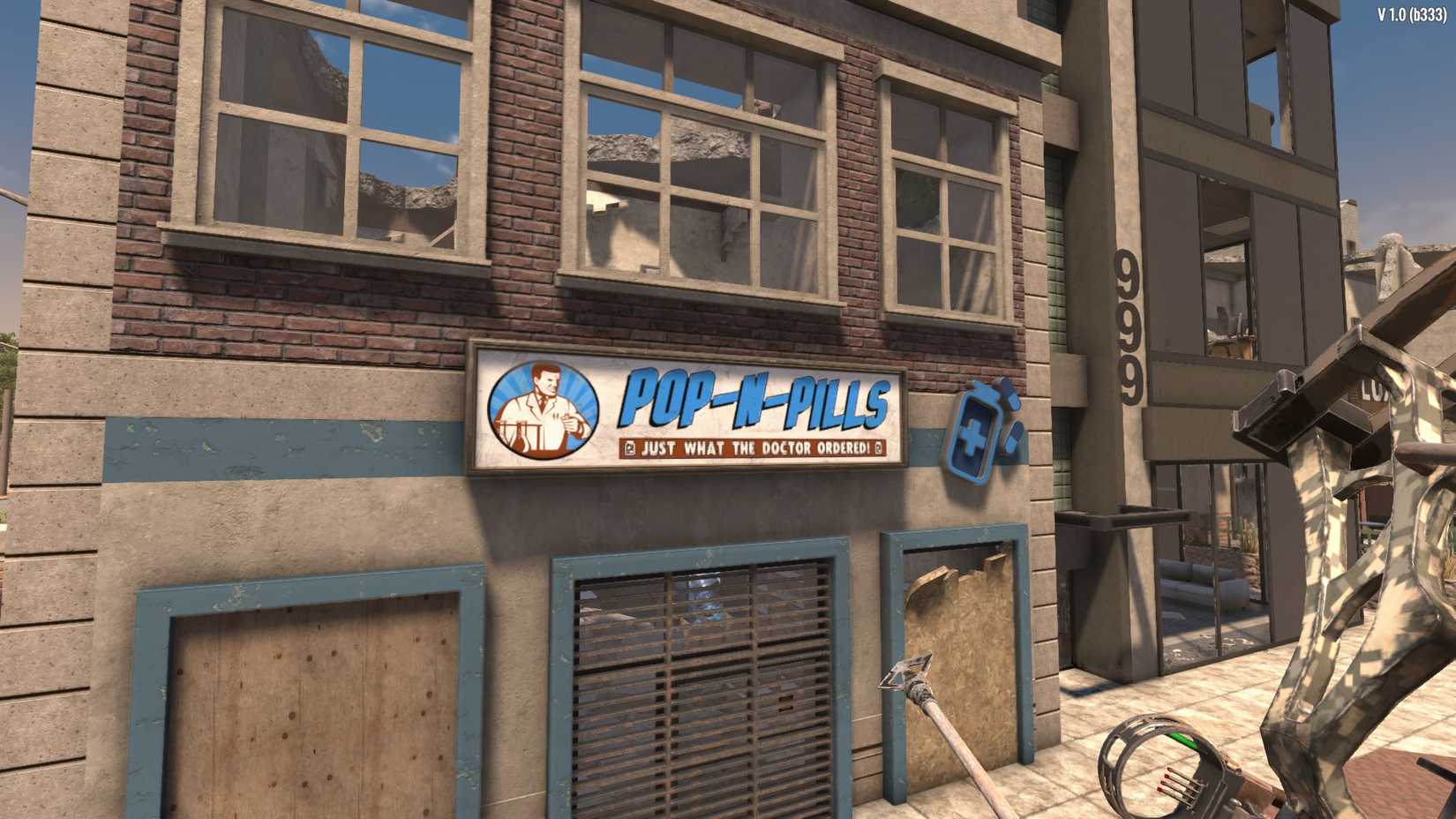 A ruined Pop-N-Pills pharmacy in 7 Days To Die