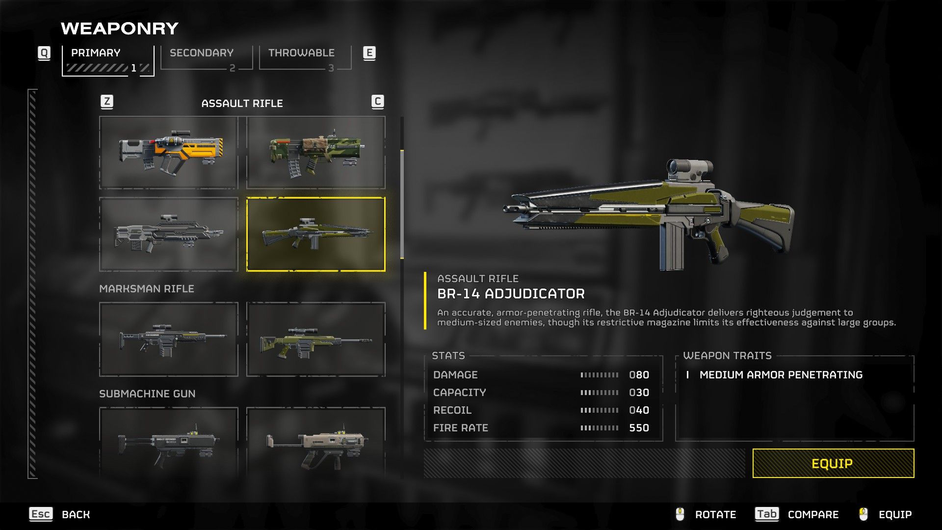 Stats of the BR-14 Adjudicator in Helldivers 2's Armory screen