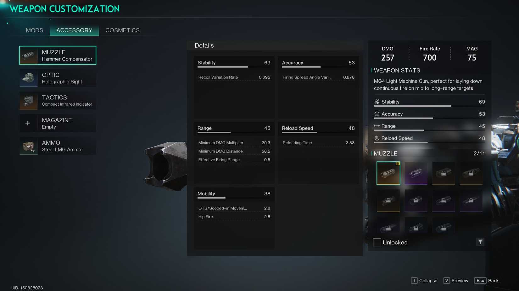 The detailed weapon stats screen in Once Human