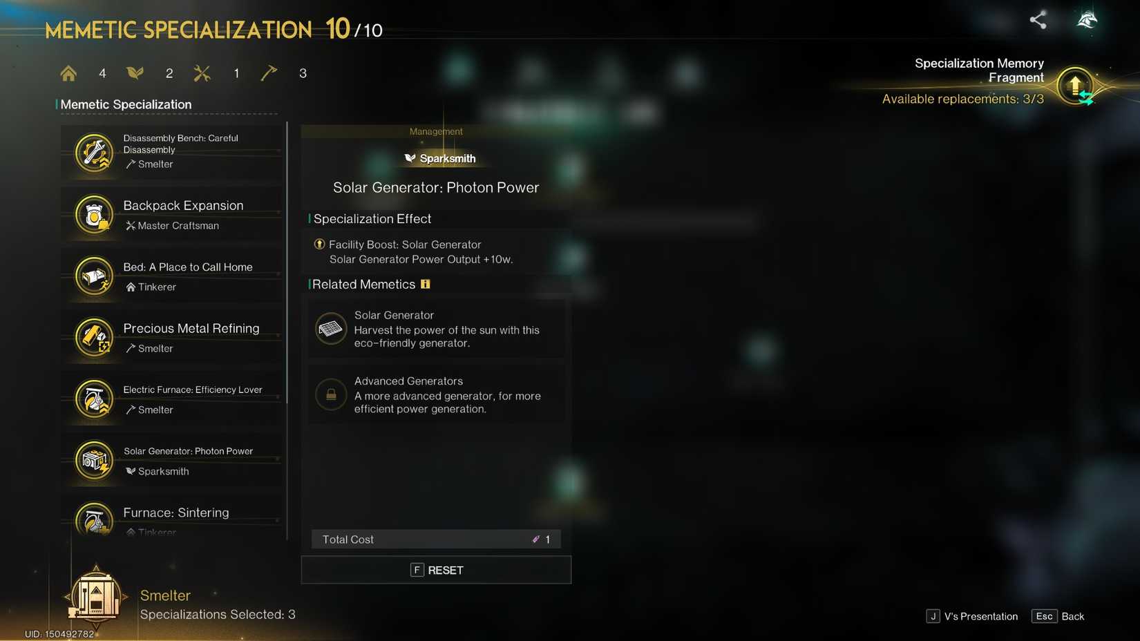 The Memetic Specializations screen in Once Human