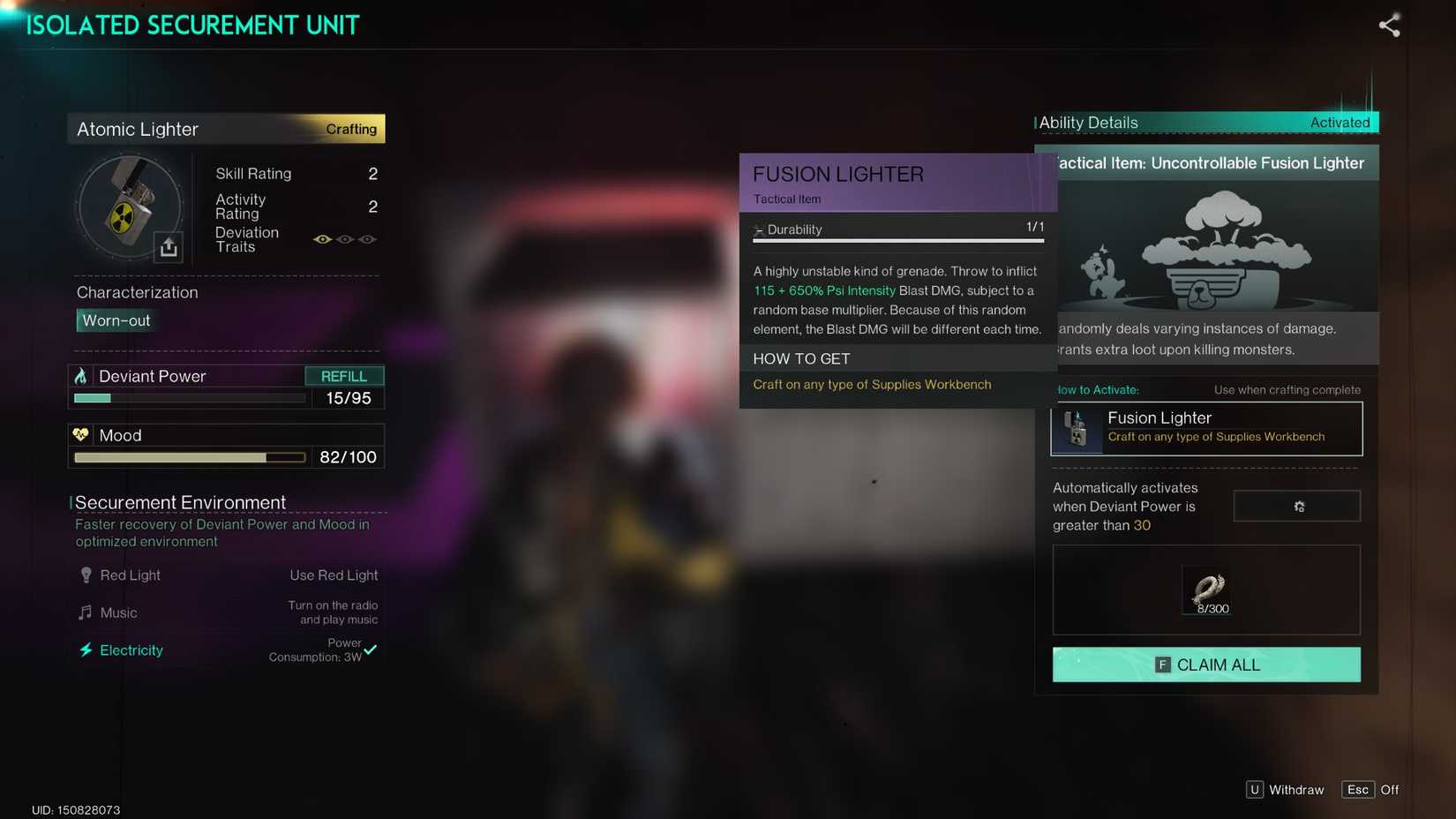 Description of the Fusion Lighter item in Once Human