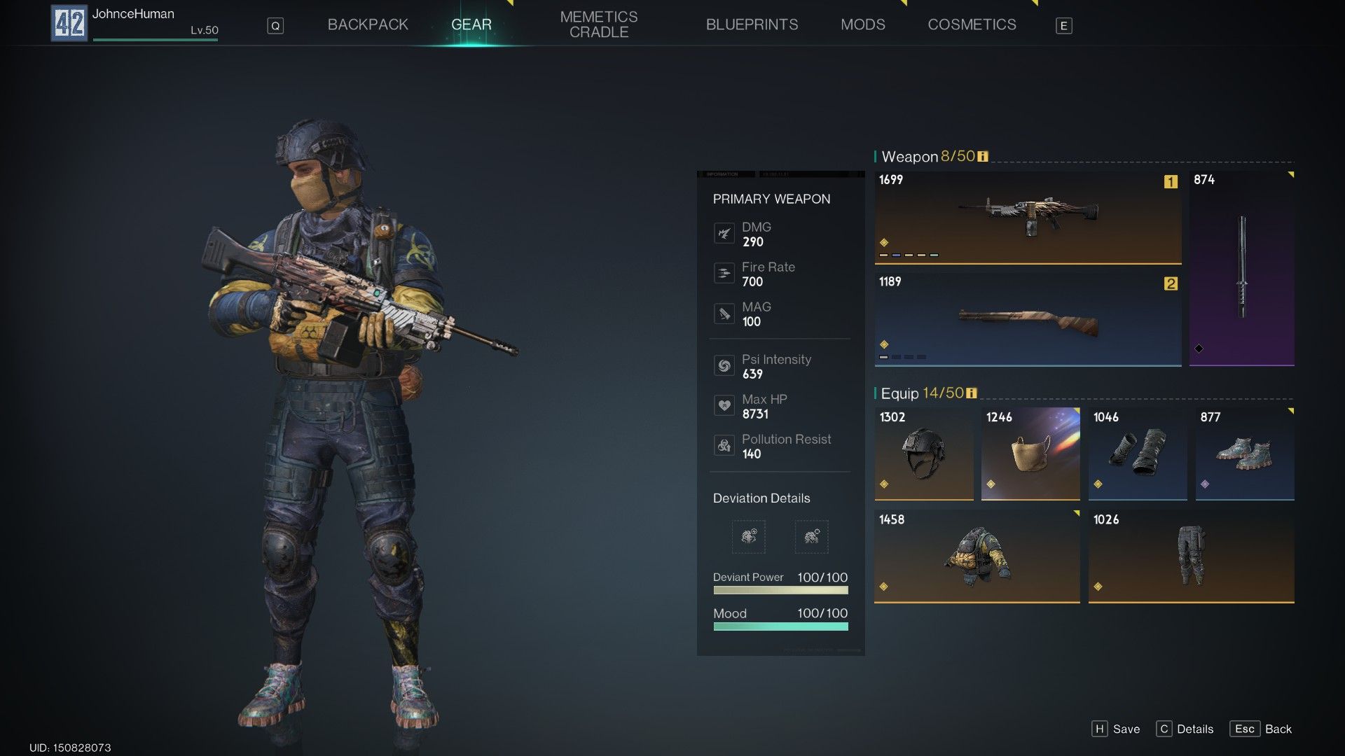 Equipment overview of a Fast Gunner build in Once Human