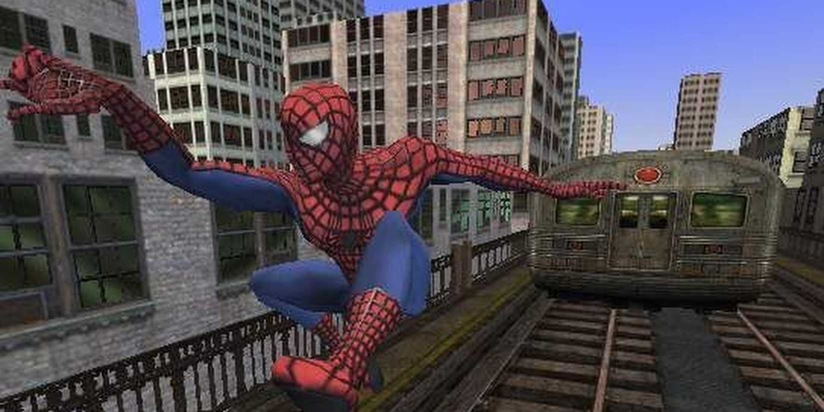 Spider-Man swinging away from train