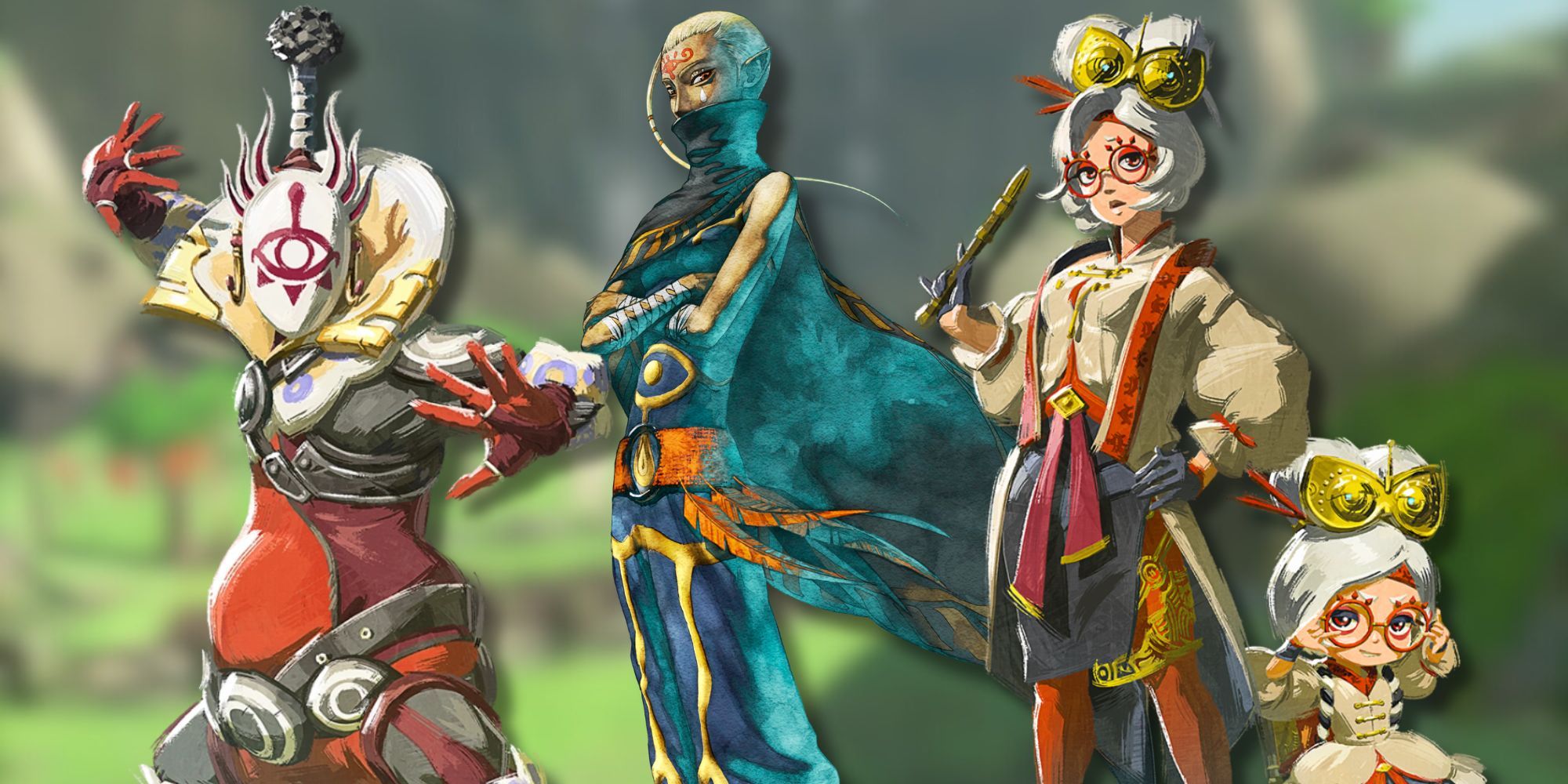 A collage of prominent Sheikah characters from The Legend of Zelda franchise: Master Kohga, Impa and Purah.