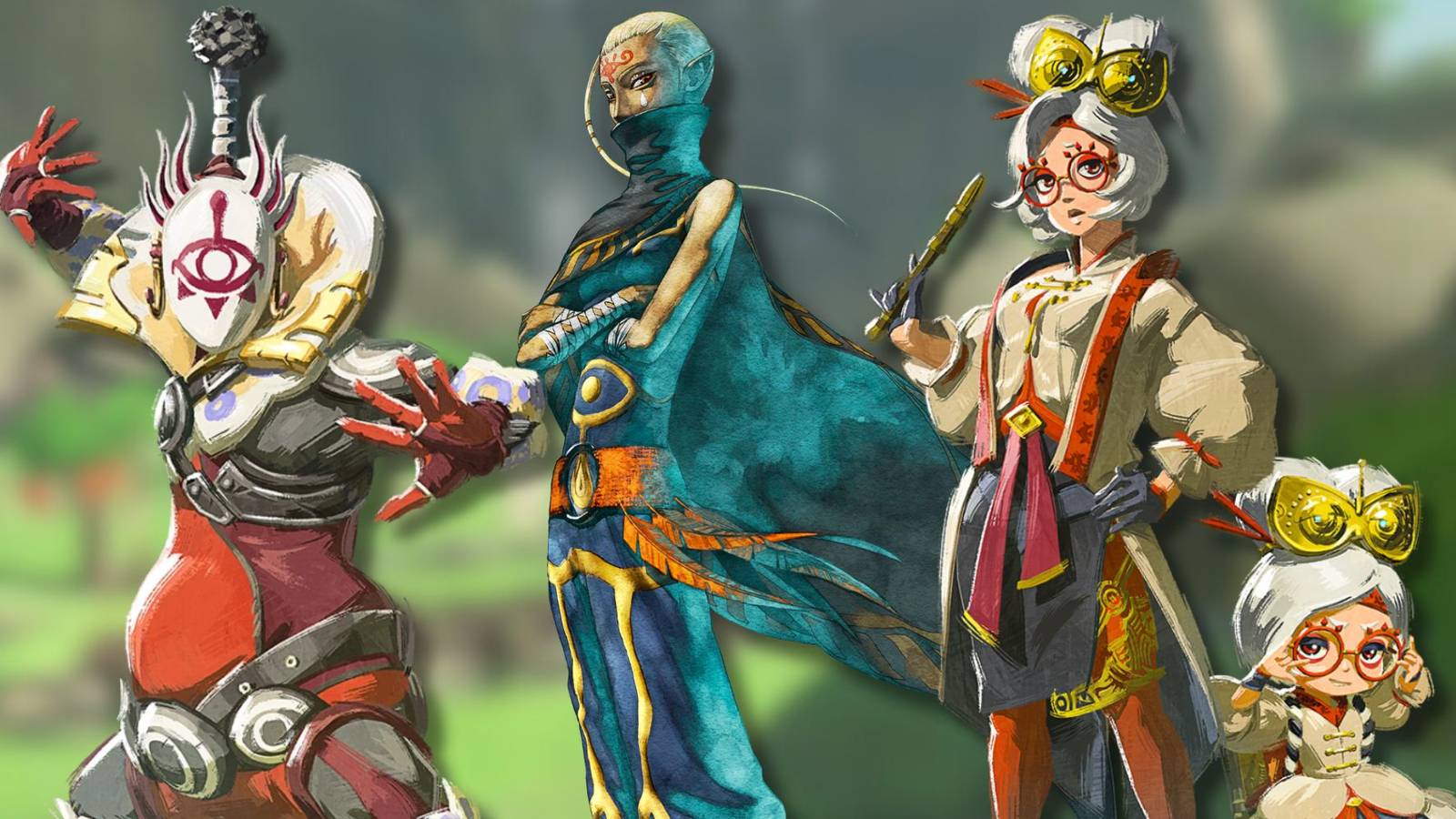 A collage of prominent Sheikah characters from The Legend of Zelda franchise: Master Kohga, Impa and Purah.