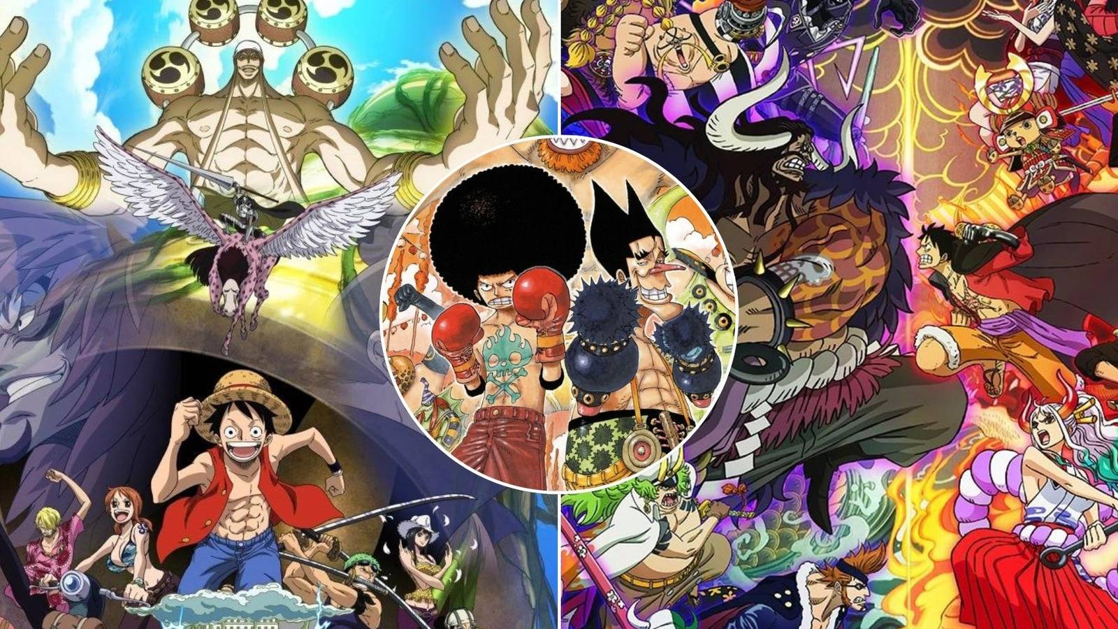 A collage of official art of several divisive One Piece arcs: Skypiea, Wano and Long Ring Long Land.