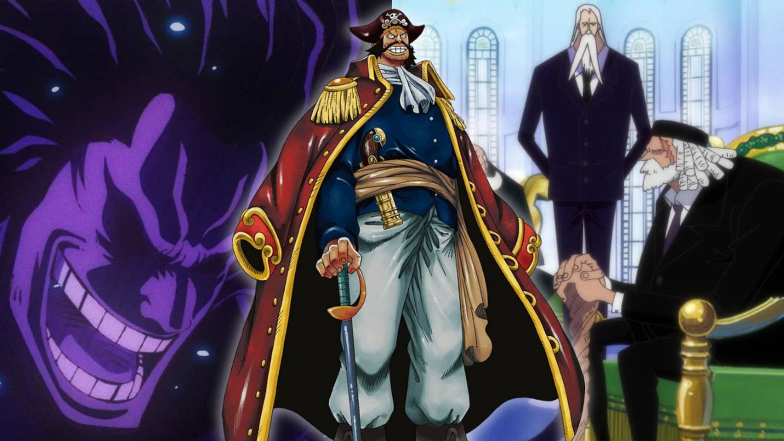A collage featuring Gol D. Roger and people who hate him: Rocks D. Xebec and The Five Elders.