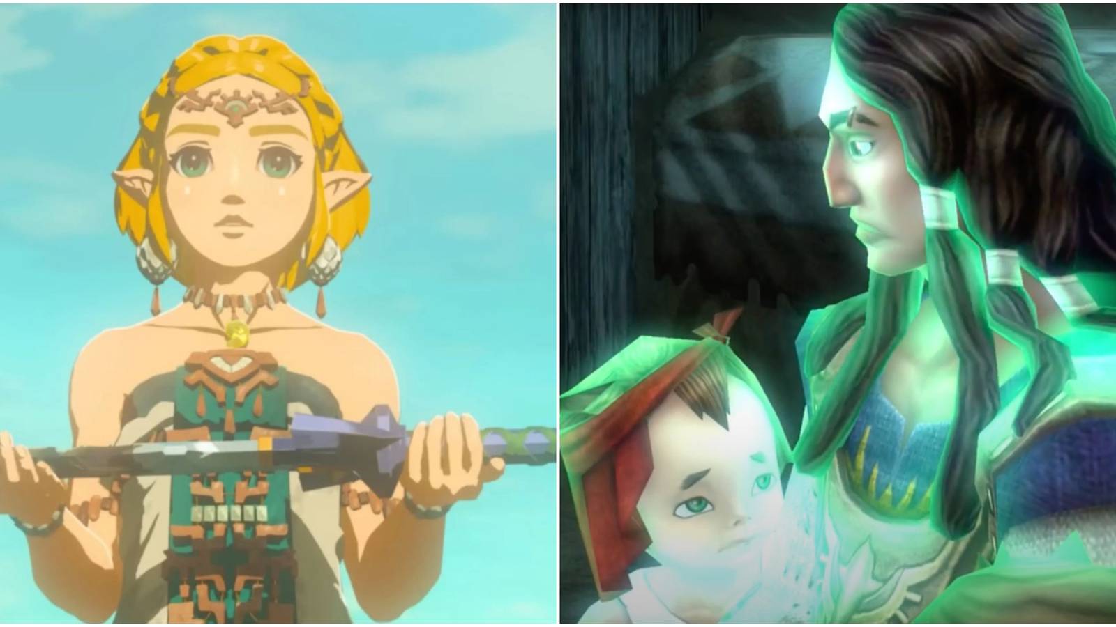 Princess Zelda holding the master sword beside Renato speaking to a child while bathed in luminous green light