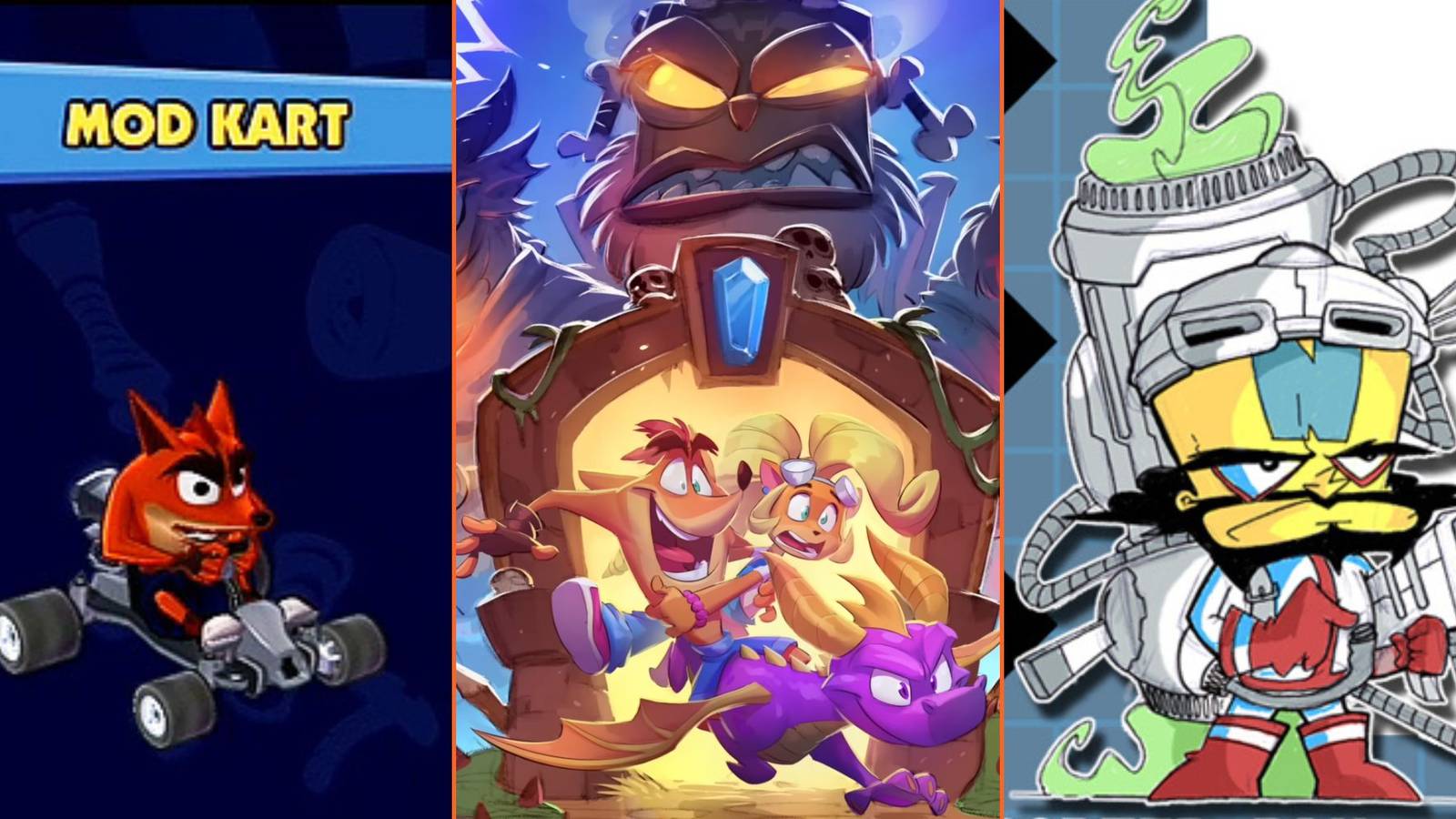 Concept art of 3 different canceled Crash Bandicoot projects: Crash Team Racing 2010, Crash Bandicoot 5 and Cortex Chaos.