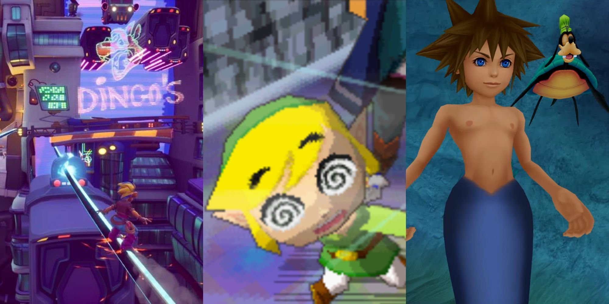 A collage of frustrating levels from great games: Rush Hour from Crash Bandicoot 4, The Temple of the Ocean King from Zelda: Phantom Hourglass and Atlantica from Kingdom Hearts 1.