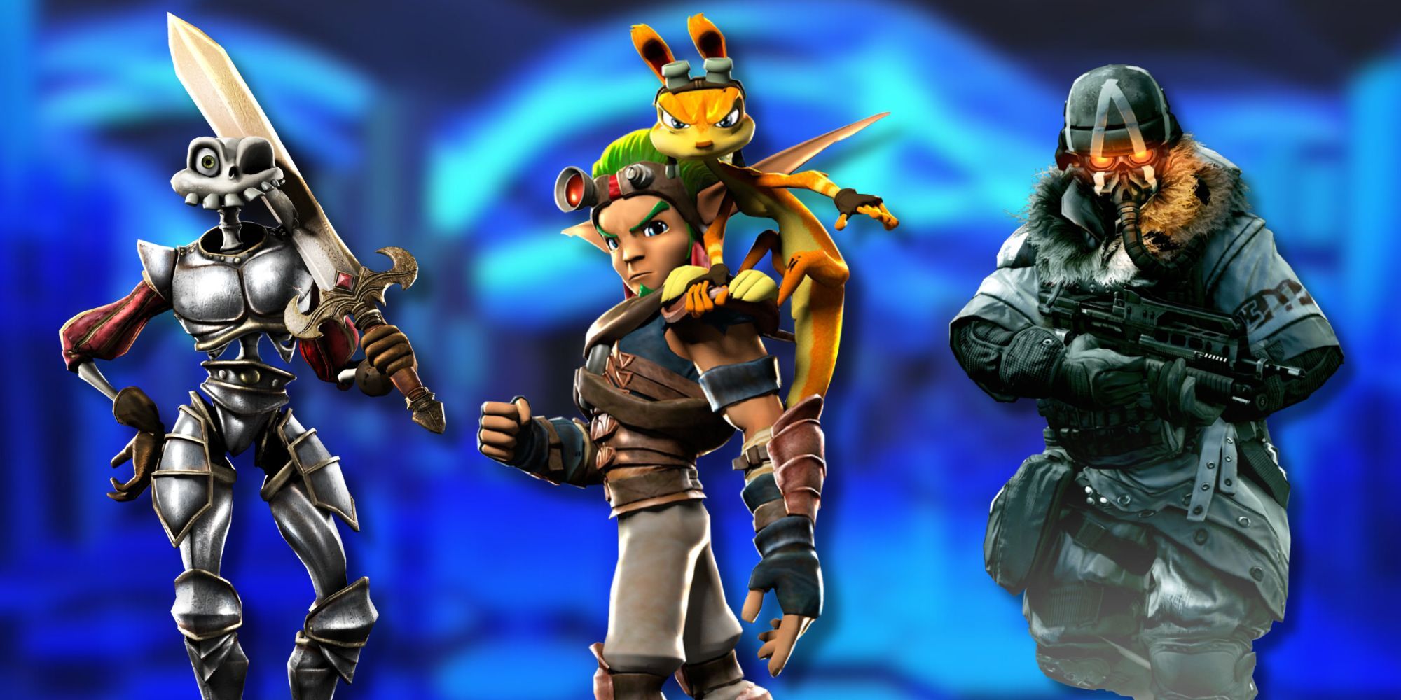 A collage of 3 dormant PlayStation franchises that are unlikely to make a comeback: Sir Daniel from MediEvil, Jak and Daxter from Jak and Daxter and a Helghast Assault Infantry from Killzone.