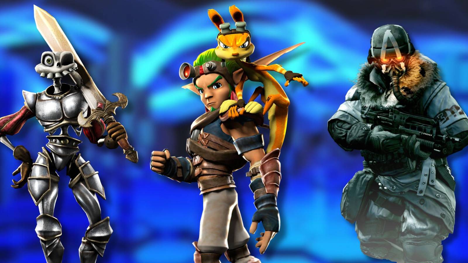 A collage of 3 dormant PlayStation franchises that are unlikely to make a comeback: Sir Daniel from MediEvil, Jak and Daxter from Jak and Daxter and a Helghast Assault Infantry from Killzone.