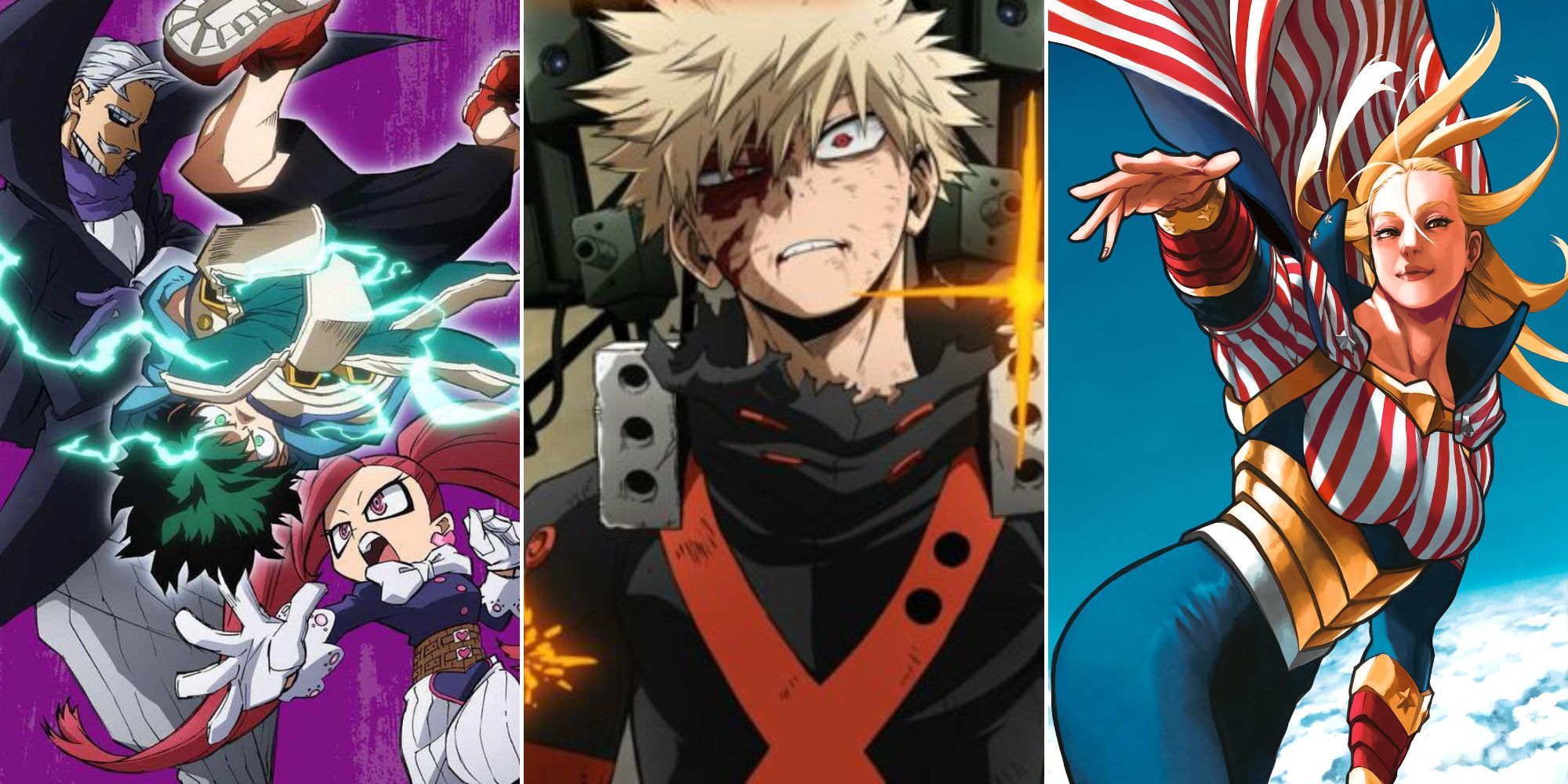 A collage of official artwork of polarizing My Hero Academia arcs: The U.A. High School Festival Arc, the Final War Arc and the Star And Stripe Arc.