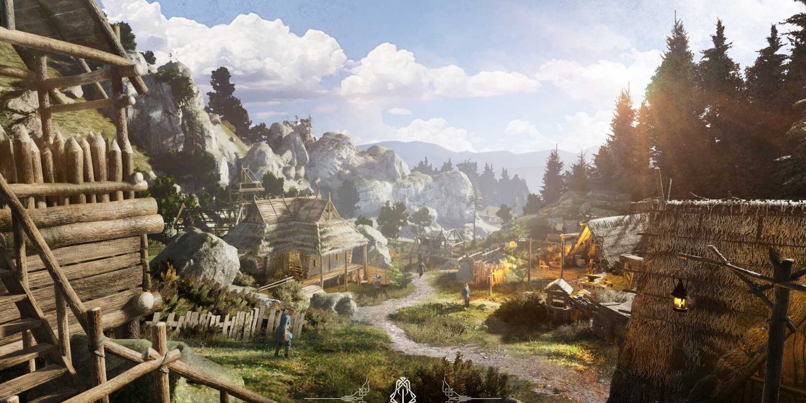 A bustling medieval village at sunset in Bellwright