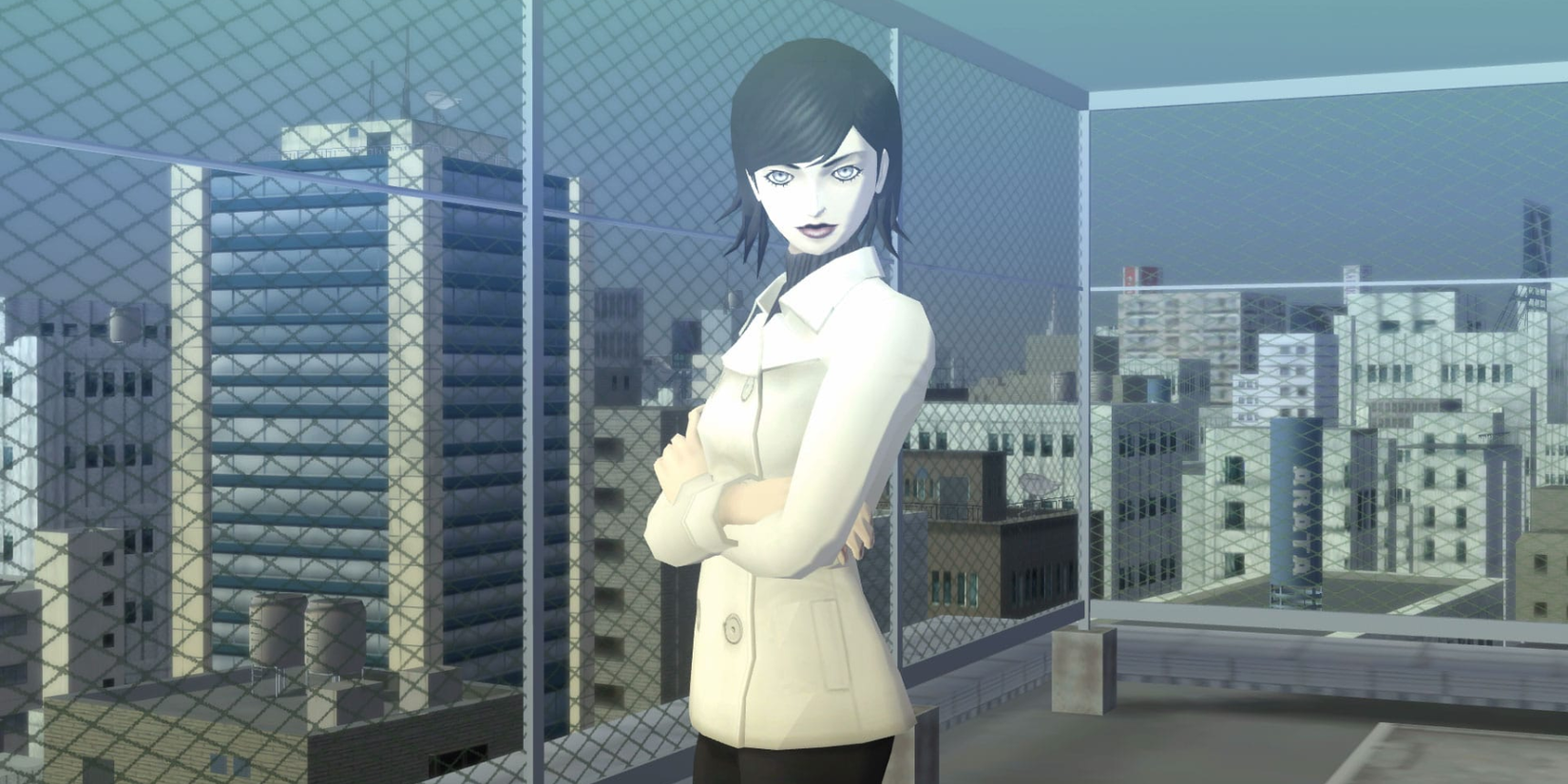 A character watches the player from the top of a roof in Shin Megami Tensei III Nocturne