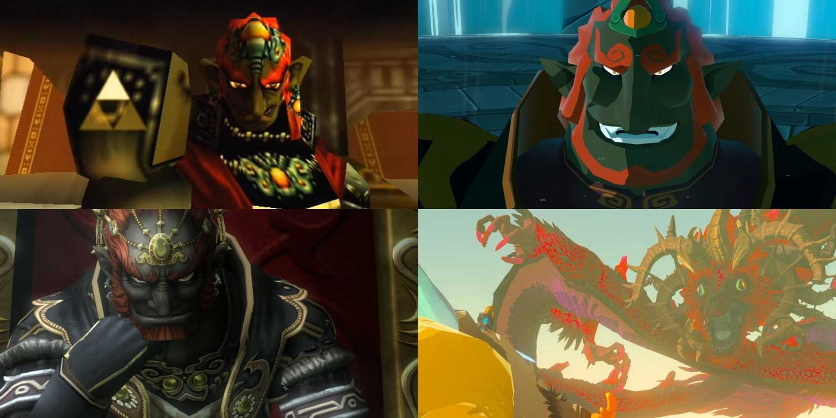 A collage of multiple versions of Ganondorf Ocarina of Time, Wind Waker, Twilight Princess and his Dark Dragon form from Tears of the Kingdom.