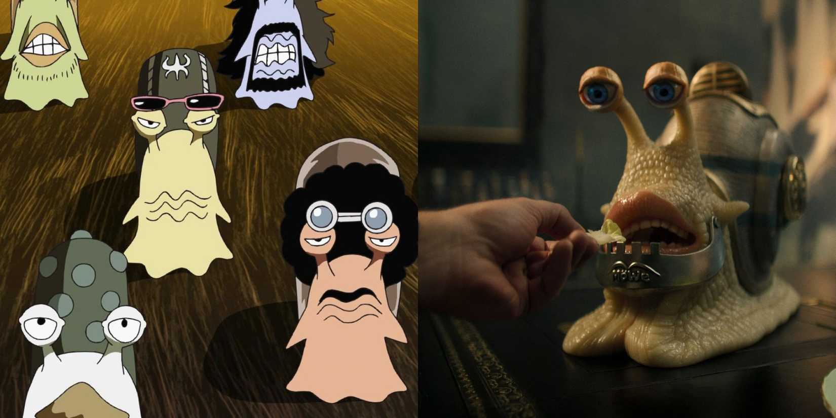 A collection of Den Den Mushis in the anime and Morgan feeding his Den Den Mushi in the live action series.