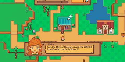 A conversation with Willow in Littlewood, discussing the Hero of Solemn's victory over the Dark Wizard